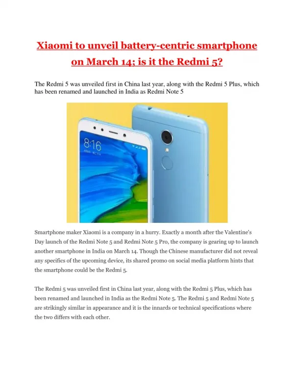 Xiaomi to unveil battery-centric smartphone on March 14; is it the Redmi 5?