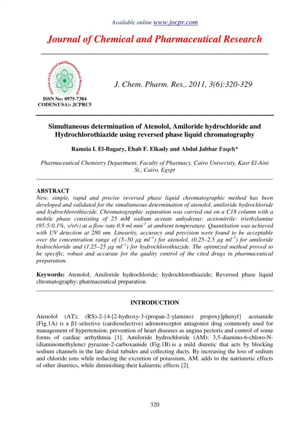 Simultaneous determination of Atenolol, Amiloride hydrochloride and Hydrochlorothiazide using reversed phase liquid chro