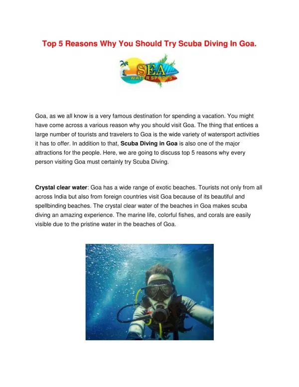Top 5 Reasons Why You Should Try Scuba Diving In Goa.