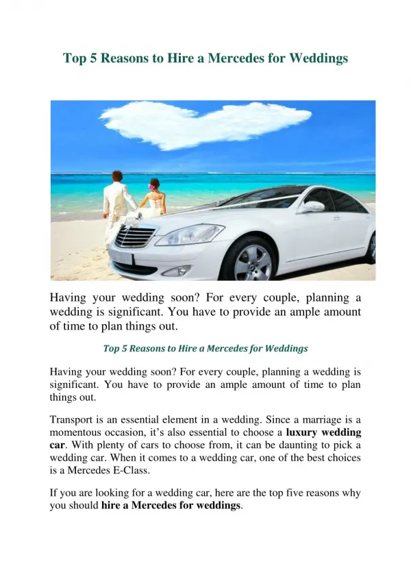 Top 5 Reasons to Hire a Mercedes for Weddings