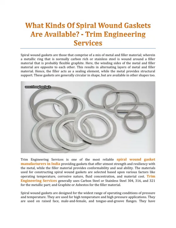 What Kinds Of Spiral Wound Gaskets Are Available? - Trim Engineering Services