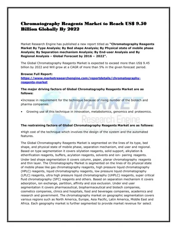 Chromatography Reagents Market to Reach US$ 9.50 Billion Globally By 2022