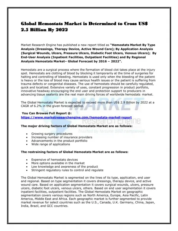 Global Hemostats Market is Determined to Cross US$ 2.5 Billion By 2022