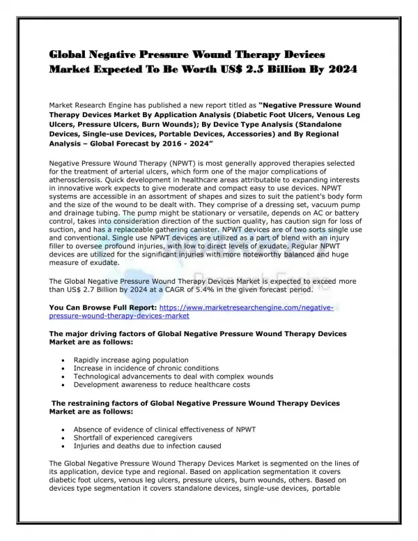 Global Negative Pressure Wound Therapy Devices Market Expected To Be Worth US$ 2.5 Billion By 2024