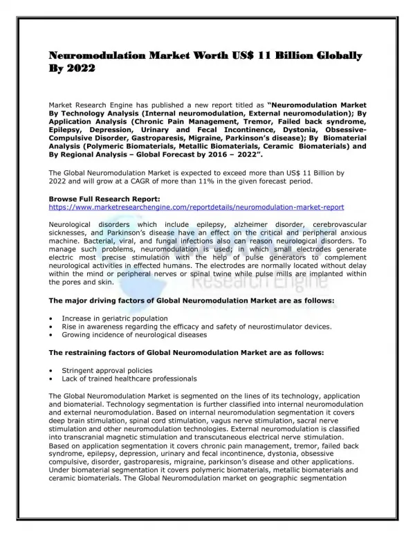 Neuromodulation Market Worth US$ 11 Billion Globally By 2022