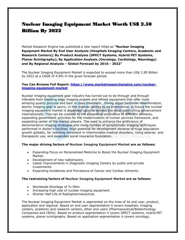 Nuclear Imaging Equipment Market Worth US$ 2.50 Billion By 2022