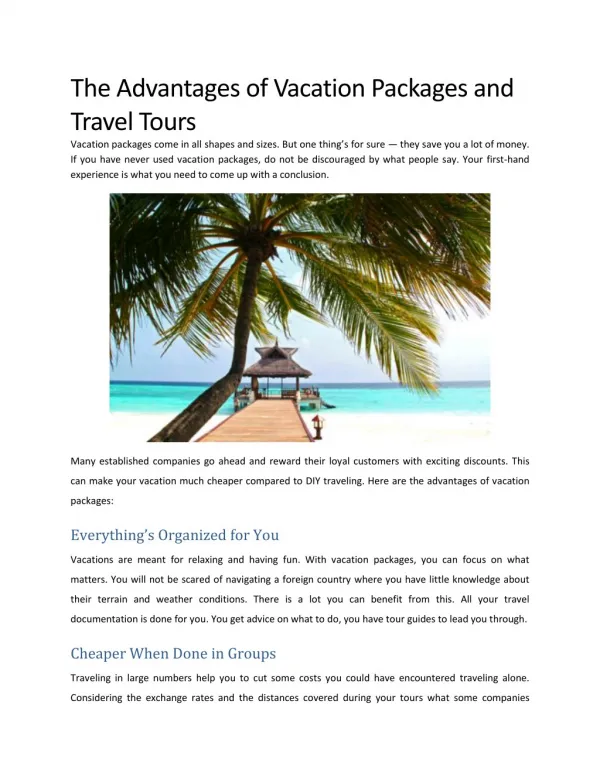 The Advantages of Vacation Packages and Travel Tours