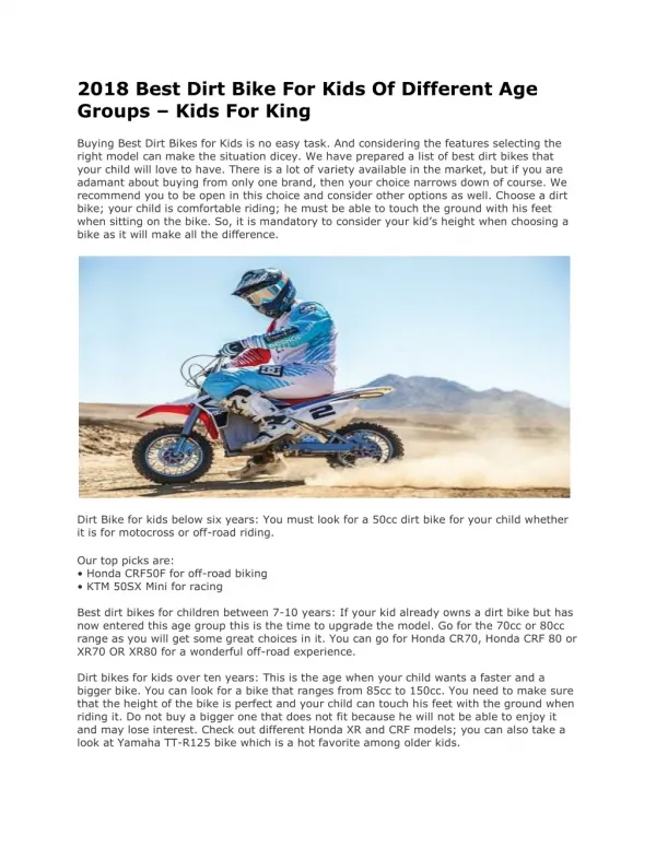 2018 Best Dirt Bike For Kids Of Different Age Groups â€“ Kids For King