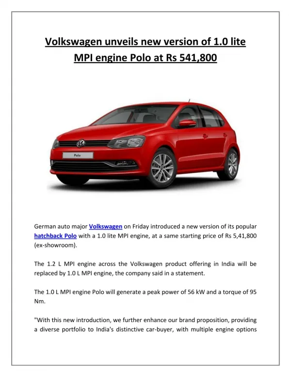 Volkswagen unveils new version of 1 0 lite mpi engine polo at rs 541,800