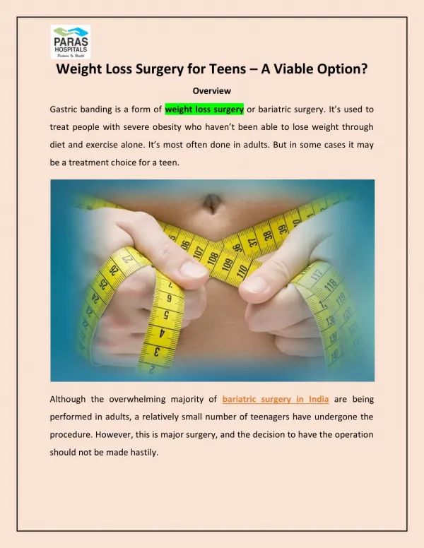 Weight Loss Surgery for Teens â€“ A Viable Option?