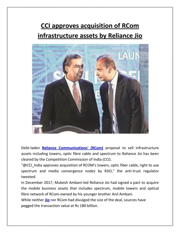 Cci approves acquisition of rcom infrastructure assets by reliance jio