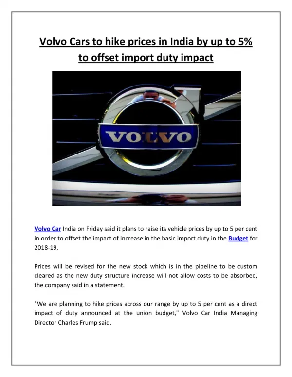 Volvo Cars to hike prices in India by up to 5% to offset import duty impact