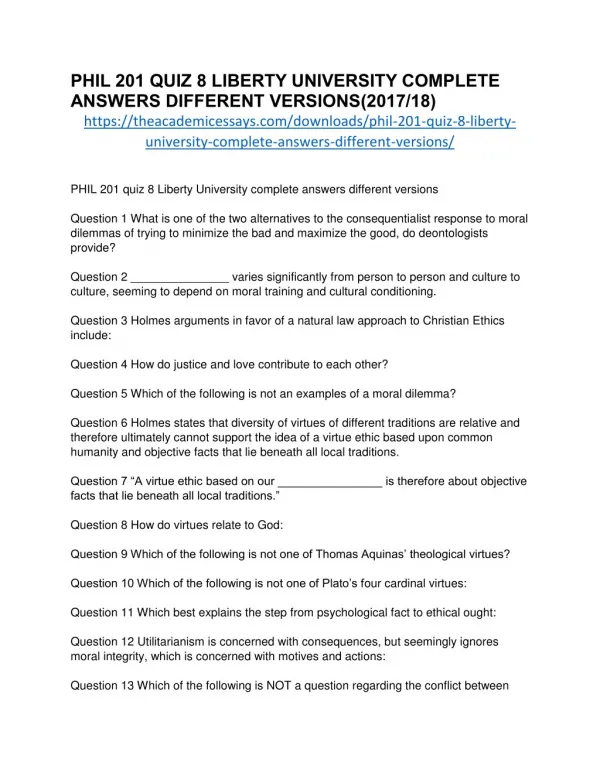 PHIL 201 QUIZ 8 LIBERTY UNIVERSITY COMPLETE ANSWERS DIFFERENT VERSIONS