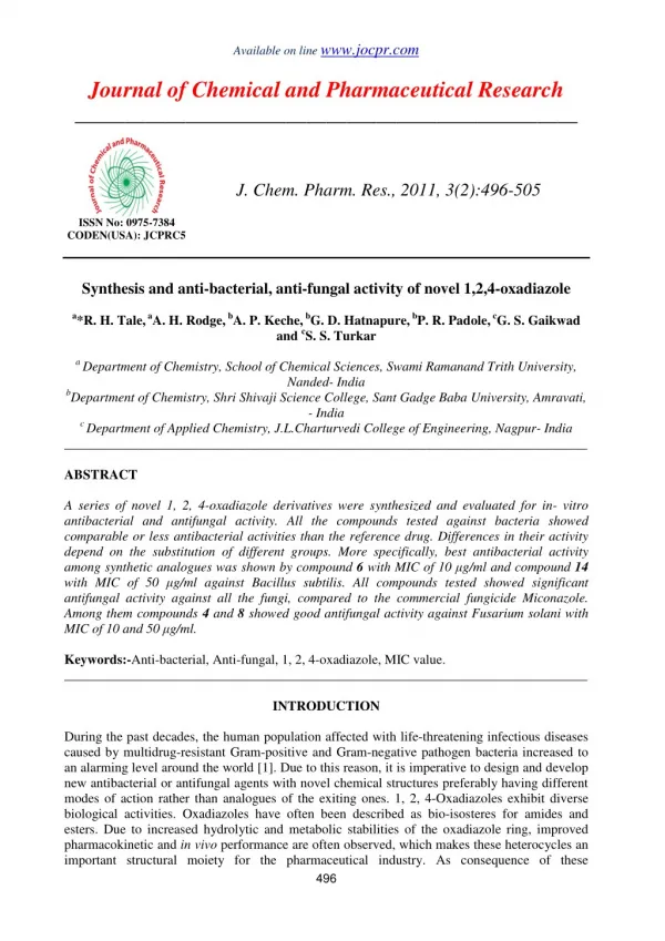 Synthesis and anti-bacterial, anti-fungal activity of novel 1,2,4-oxadiazole