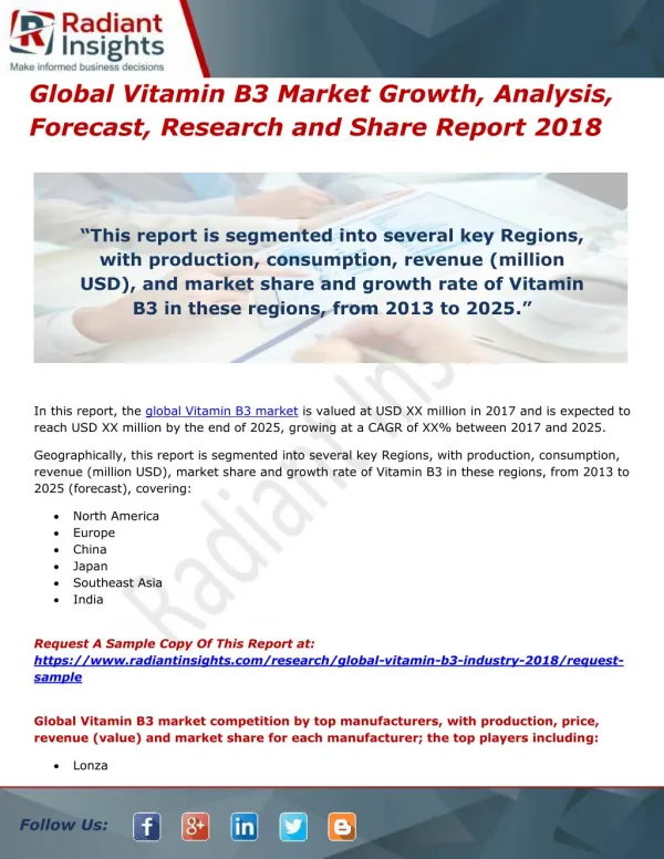 Global Vitamin B3 Market Growth, Analysis, Forecast, Research and Share Report 2018