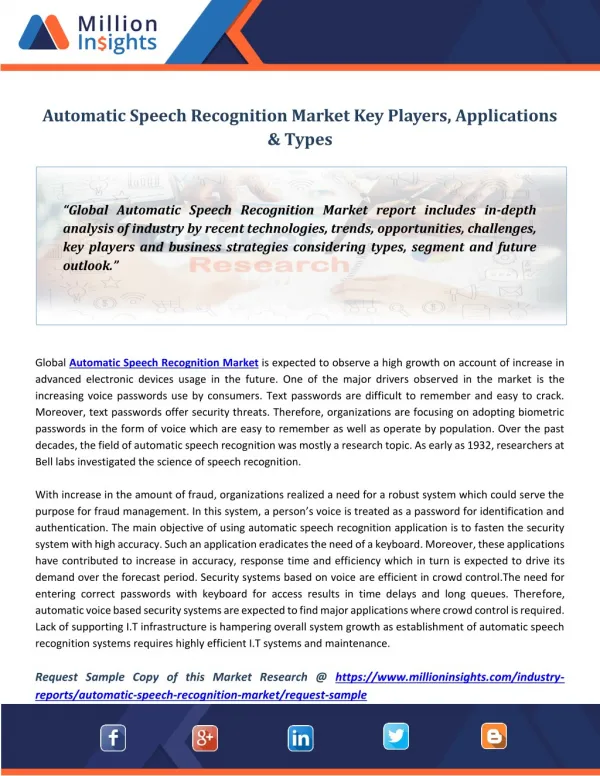 Automatic Speech Recognition Market Key Players, Applications & Types
