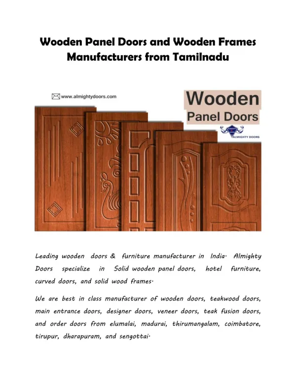Wooden Panel Doors and Wooden Manufacturers from Tamilnadu