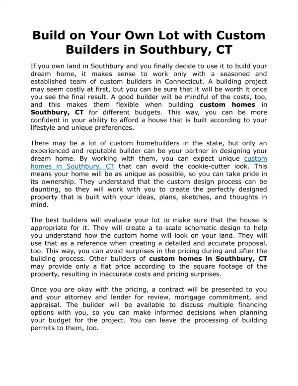 Build on Your Own Lot with Custom Builders in Southbury, CT