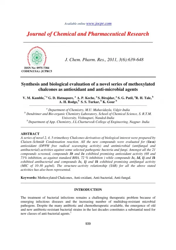 Synthesis and biological evaluation of a novel series of methoxylated chalcones as antioxidant and anti-microbial agents