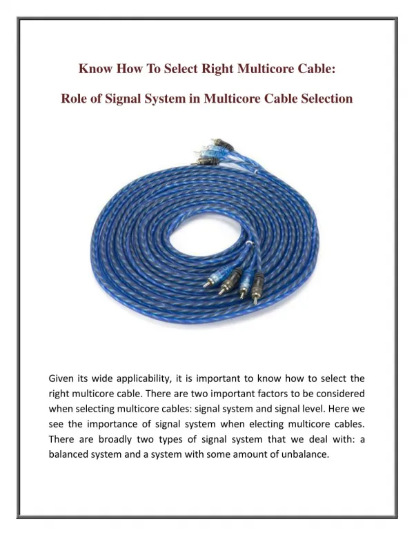 Know How To Select Right Multicore Cable: Role of Signal System in Multicore Cable Selection