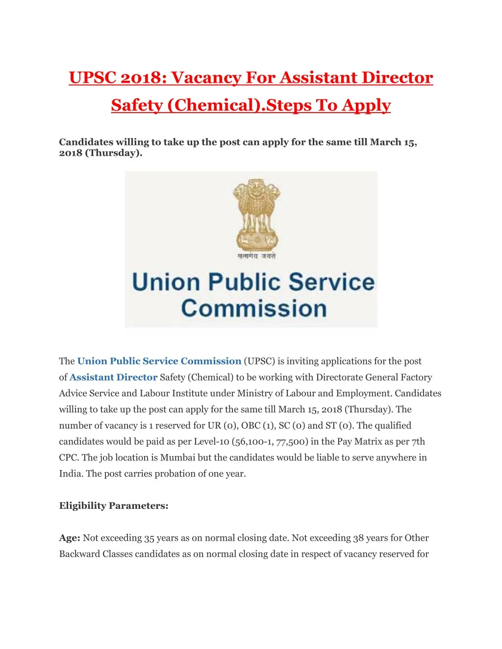 upsc 2018 vacancy for assistant director