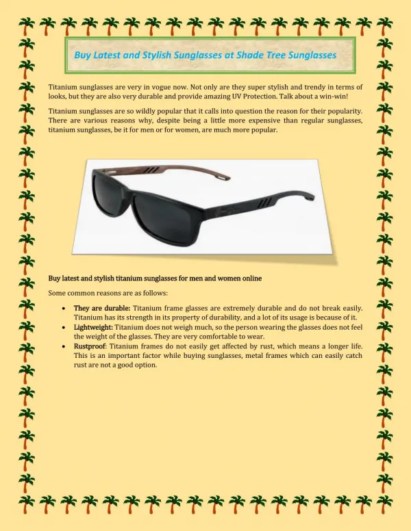 Buy latest and stylish sunglasses for men and women at shadetreesunglasses online store