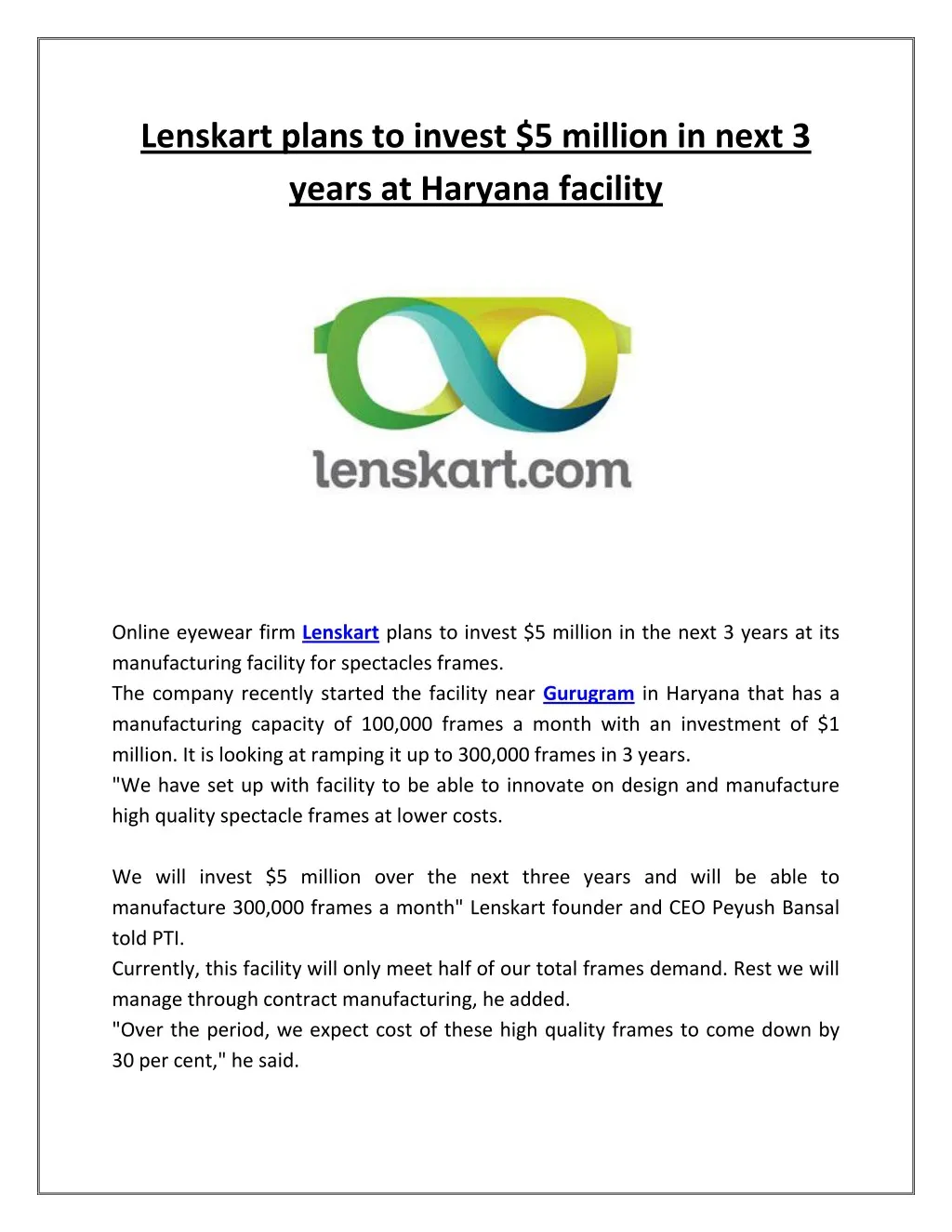 lenskart plans to invest 5 million in next