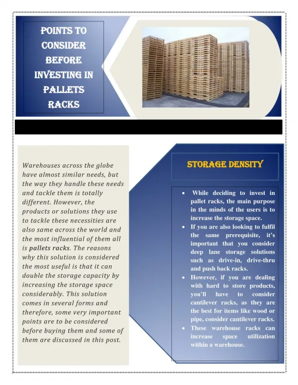 Points To Consider Before Investing In Pallets Racks