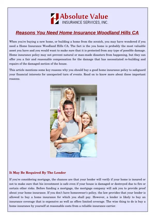 Reasons You Need Home Insurance Woodland Hills CA