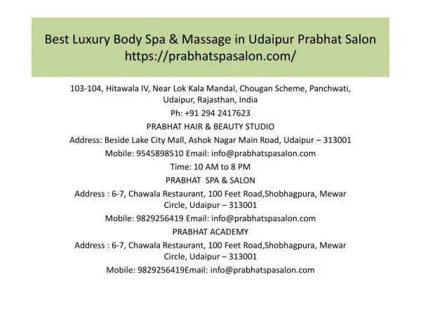 Best Luxury Body Spa & Massage in Udaipur Prabhat Salon
