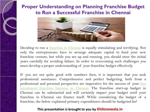 Proper Understanding on Planning Franchise Budget to Run a Successful Franchise in Chennai