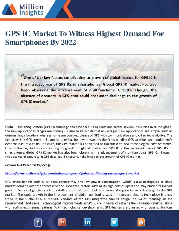 GPS IC Market To Witness Highest Demand For Smartphones By 2022