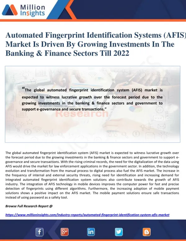 Automated Fingerprint Identification Systems (AFIS) Market Is Driven By Growing Investments In The Banking & Finance Sec