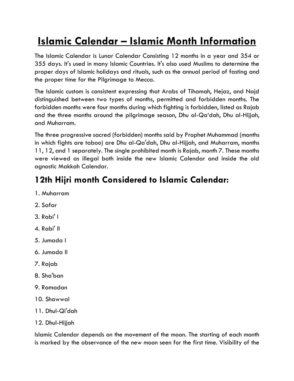 islamic calendar islamic month information
