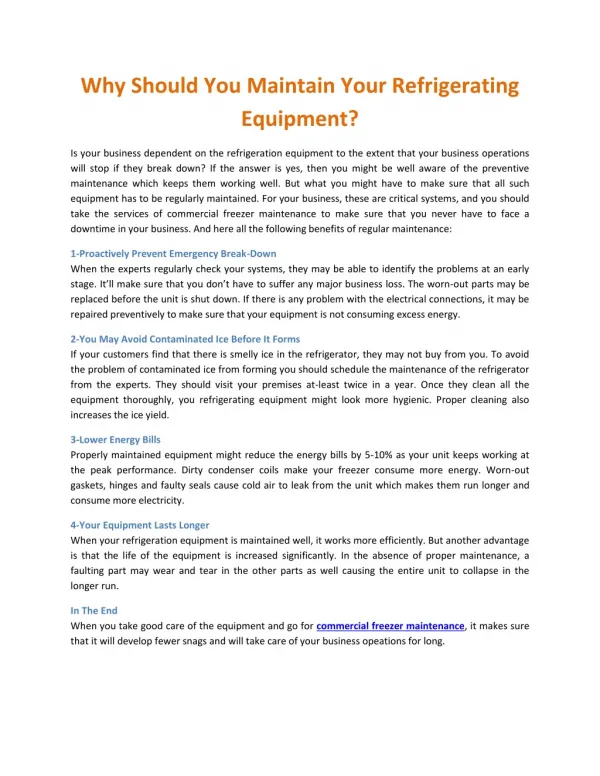 Why Should You Maintain Your Refrigerating Equipment?