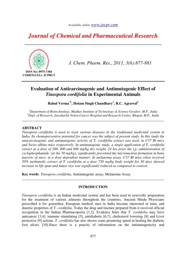 Evaluation of Anticarcinogenic and Antimutagenic Effect of Tinospora cordifolia in Experimental Animals