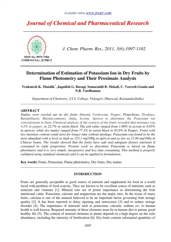 Determination of Estimation of Potassium Ion in Dry Fruits by Flame Photometry and Their Proximate Analysis