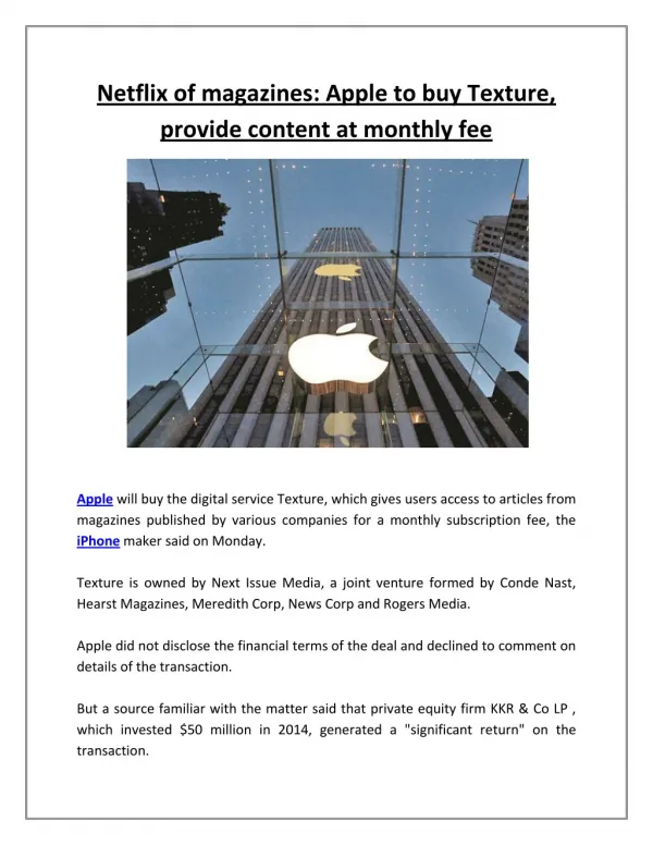 Netflix of magazines: Apple to buy Texture, provide content at monthly fee