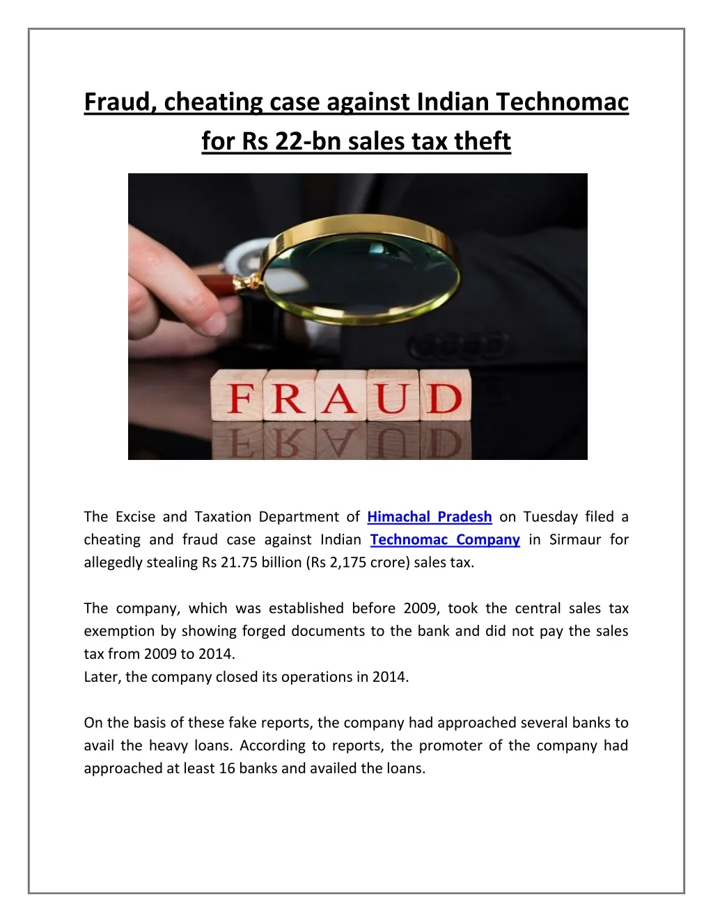 fraud cheating case against indian technomac