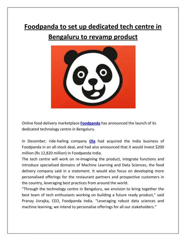 Foodpanda to Set Up Dedicated Tech Centre in Bengaluru to Revamp Product