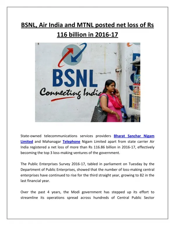 BSNL, Air India and MTNL Posted Net Loss of Rs 116 Billion in 2016-17