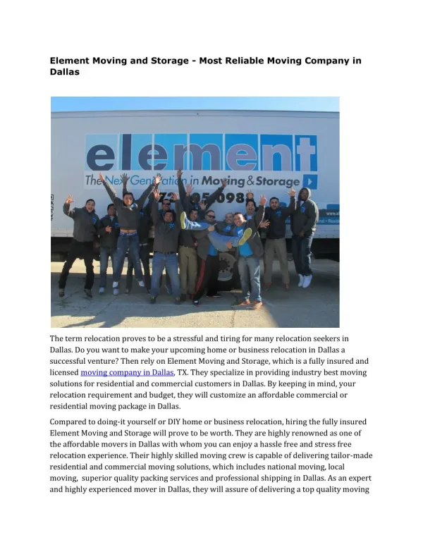 Element Moving and Storage - Most Reliable Moving Company in Dallas