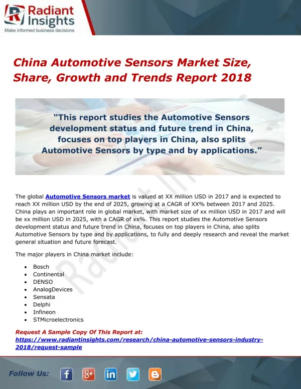 China Automotive Sensors Market Size, Share, Growth and Trends Report 2018
