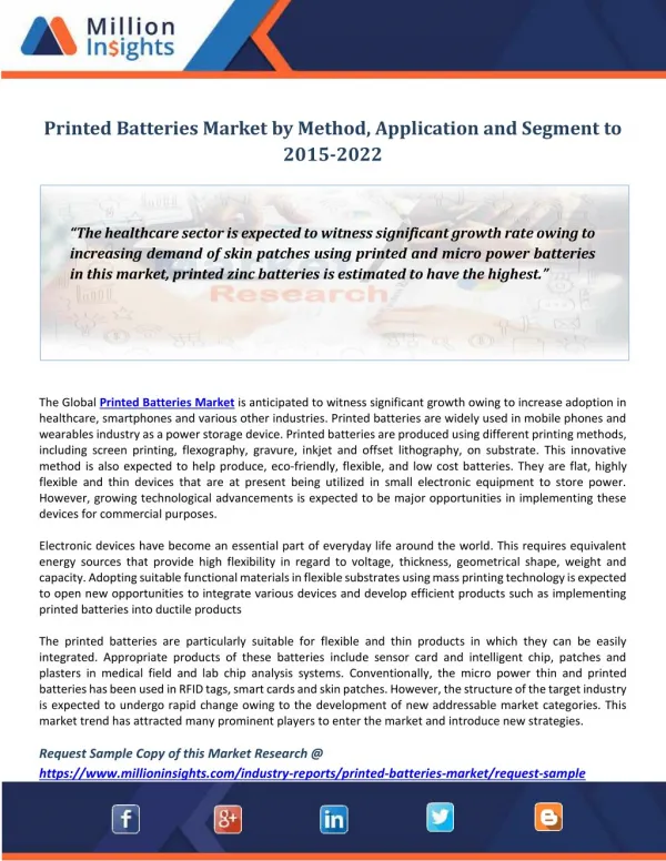Printed Batteries Market by Method, Application and Segment to 2015-2022