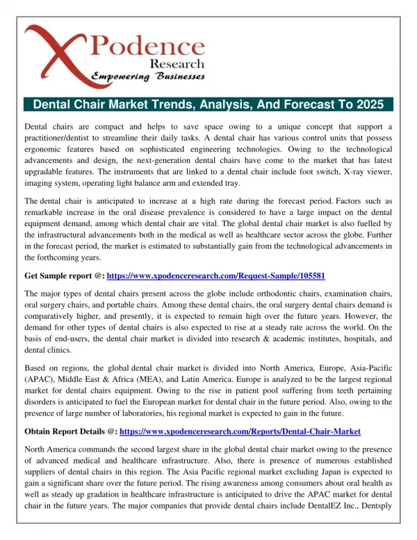 Dental Chair Market - Global Industry Analysis, Size, Share, Growth, Trends, and Forecast 2018 – 2025