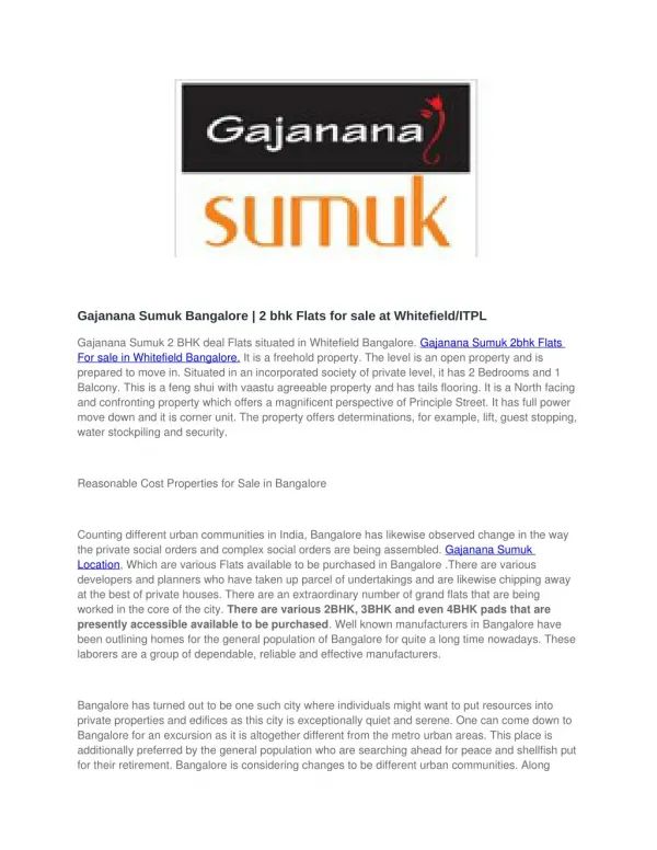 Gajanana Sumuk Bangalore | 2 bhk Flats for sale at Whitefield/ITPL