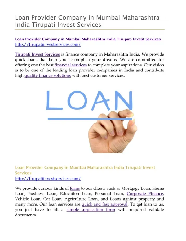 Loan Provider Company in Mumbai Maharashtra India Tirupati Invest Services