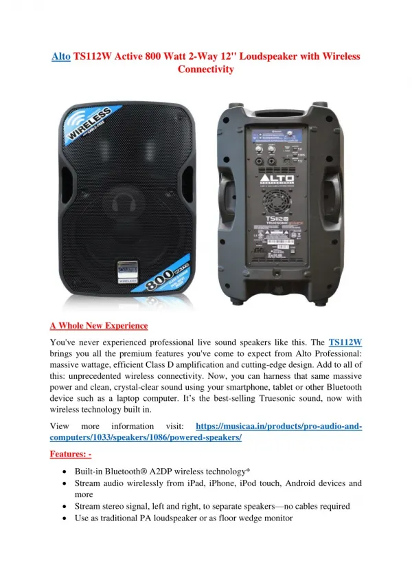 Alto TS112W Active 800 Watt 2-Way 12 inch Loudspeaker With Wireless Connectivity