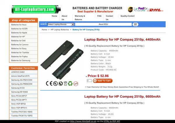 Laptop Battery for HP Compaq 2510p