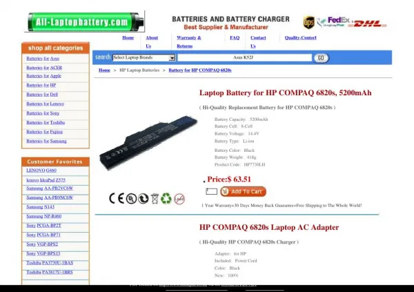 Laptop Battery for HP COMPAQ 6820s